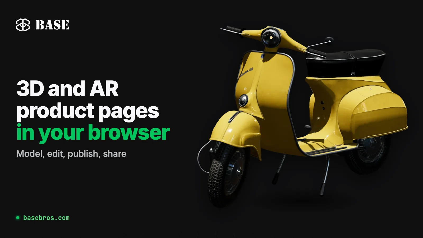 Yellow vintage scooter 3D model next to the BASE logo and the words 3D and AR product pages in your browser