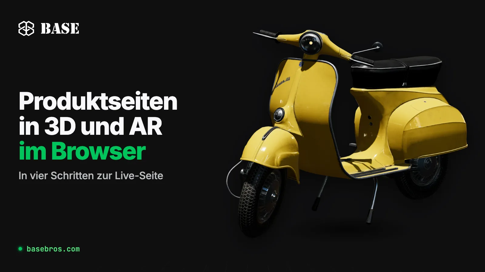 3D-Modell eines gelben Vintage-Motorrollers neben dem BASE-Logo und dem Schriftzug Produktseiten in 3D und AR im Browser