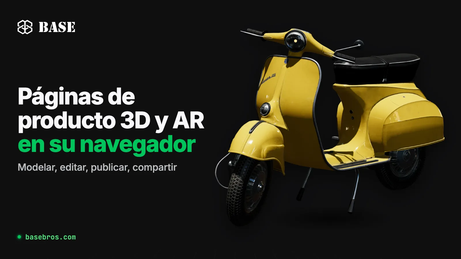 Modelo 3D de un scooter clásico amarillo junto al logotipo de BASE y el texto «Páginas de producto 3D y AR en su navegador»