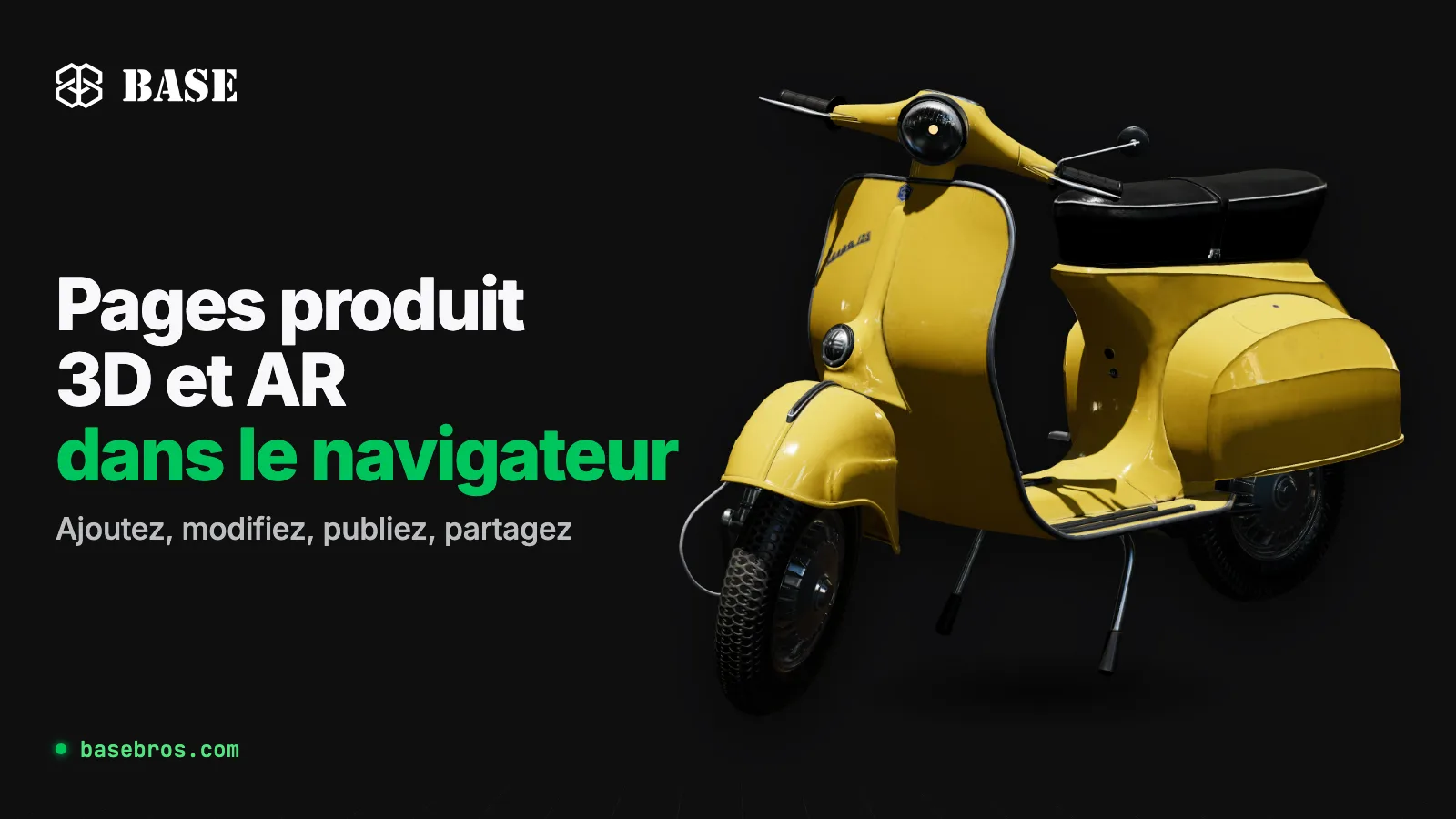 Modèle 3D d’un scooter vintage jaune à côté du logo BASE et du texte Pages produit 3D et AR dans le navigateur