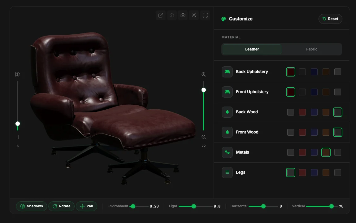 BASE 3D Configurator with a leather lounge chair and ottoman, a Leather or Fabric material switch and color options for upholstery, wood, metals and legs