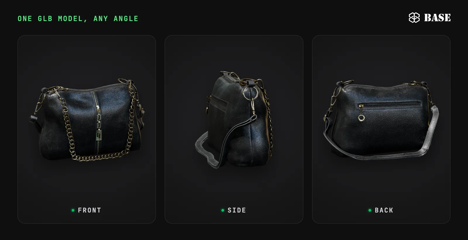 Black leather handbag with a gold chain strap rendered from one 3D GLB model in three views: front, side and back