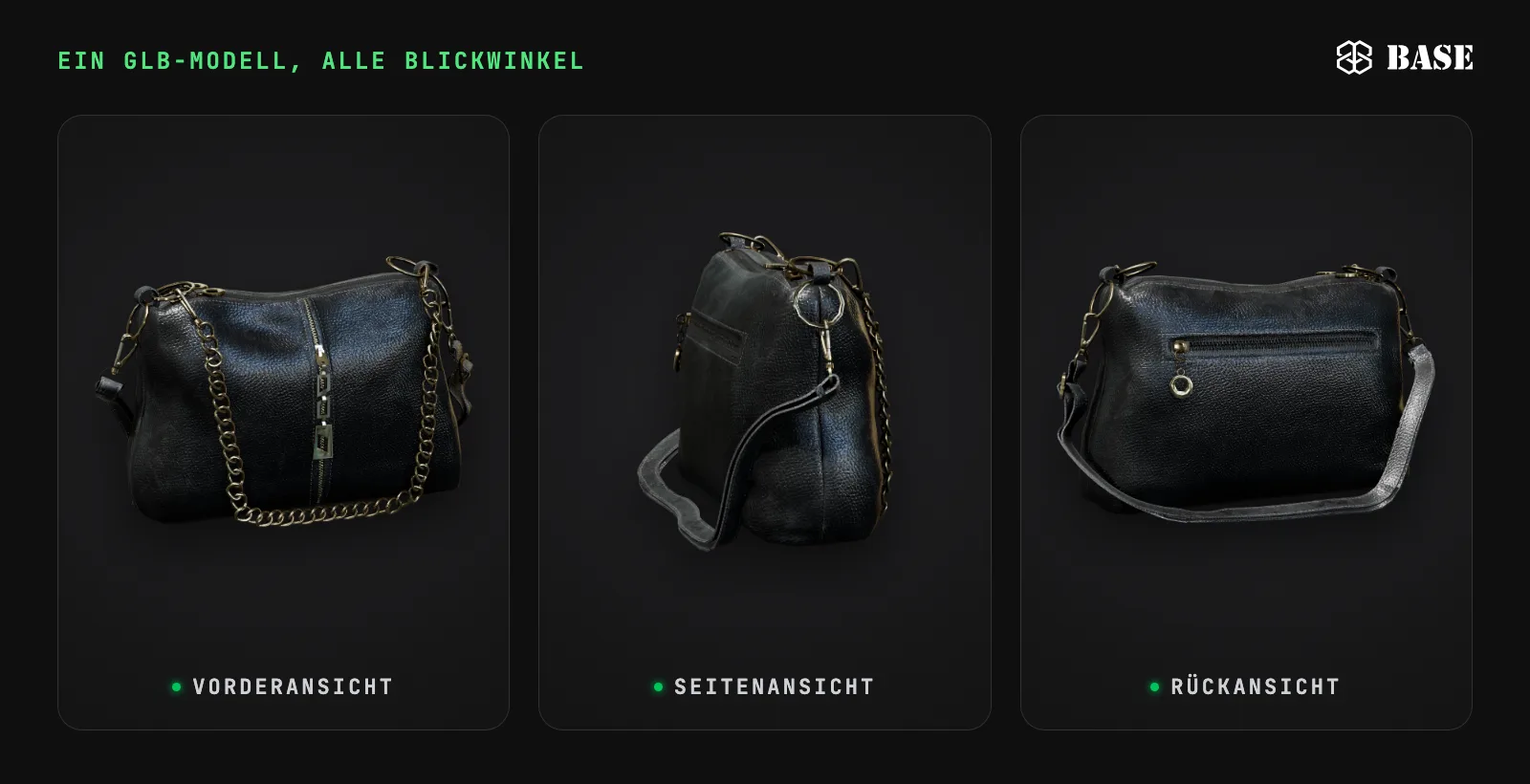 Schwarze Lederhandtasche mit goldfarbenem Kettenriemen, aus einem einzigen 3D-Modell im GLB-Format in drei Ansichten gerendert: Vorderansicht, Seitenansicht und Rückansicht