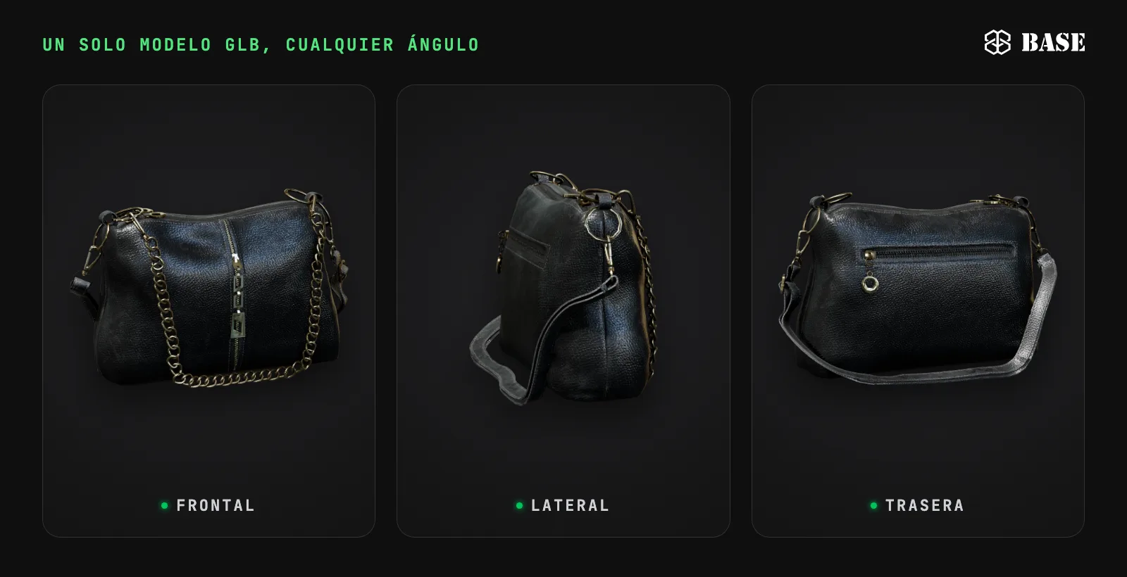 Bolso de piel negro con asa de cadena dorada, renderizado a partir de un único modelo 3D GLB en tres vistas: frontal, lateral y trasera
