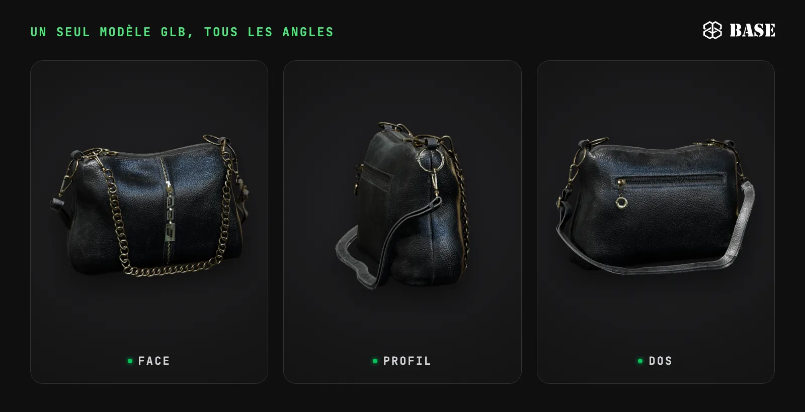 Sac à main en cuir noir à chaîne dorée, rendu à partir d’un seul modèle 3D GLB sous trois angles : face, profil et dos