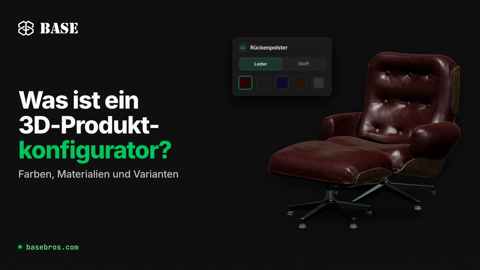 3D-Modell eines Lounge-Sessels aus Leder mit Hocker, daneben ein Auswahlfeld für das Rückenpolster mit Umschalter zwischen Leder und Stoff sowie fünf Farbfeldern und der Titel „Was ist ein 3D-Produktkonfigurator?“