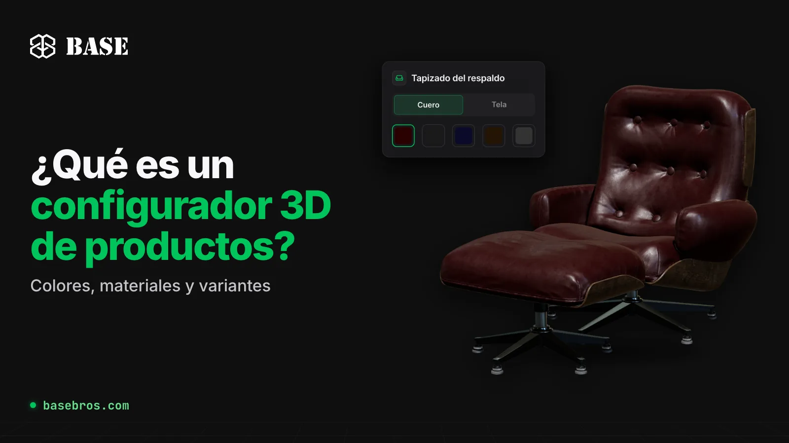 Modelo 3D de un sillón de cuero con reposapiés junto a un panel Tapizado del respaldo con un selector Cuero o Tela y cinco muestras de color, al lado del título ¿Qué es un configurador 3D de productos?