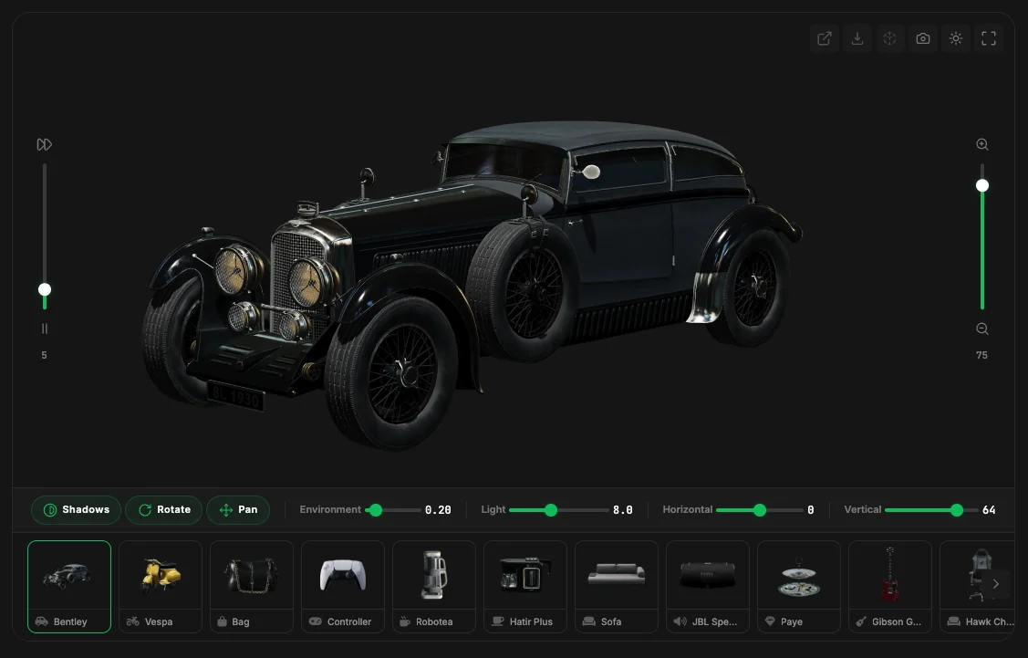 BASE 3D Viewer showing a vintage car 3D model with shadows, rotate and pan controls, lighting sliders and a model gallery