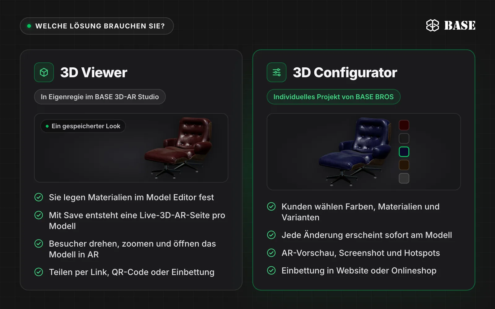 Gegenüberstellung: Den 3D Viewer nutzen Sie in Eigenregie im BASE 3D-AR Studio, wo Sie die Materialien festlegen und auf Save klicken. Der 3D Configurator ist ein individuelles Projekt von BASE BROS, in dem Kunden Farben, Materialien und Varianten in Echtzeit wählen