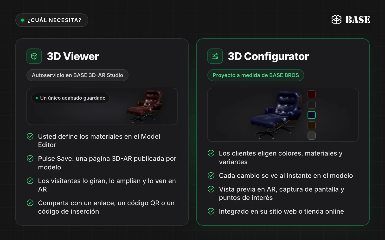 Comparativa lado a lado: el 3D Viewer funciona en autoservicio en BASE 3D-AR Studio, donde usted define los materiales y pulsa Save, mientras que el 3D Configurator es un proyecto a medida de BASE BROS en el que los clientes eligen colores, materiales y variantes en tiempo real