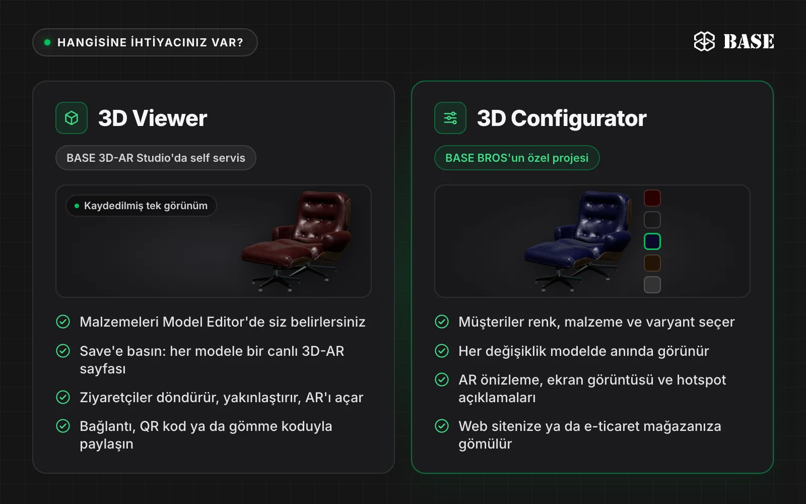Yan yana karşılaştırma: 3D Viewer, BASE 3D-AR Studio'da self servis olarak kullanılır; malzemeleri siz belirler ve Save'e basarsınız. 3D Configurator ise BASE BROS'un geliştirdiği özel bir projedir; renkleri, malzemeleri ve varyantları müşteriler gerçek zamanlı seçer
