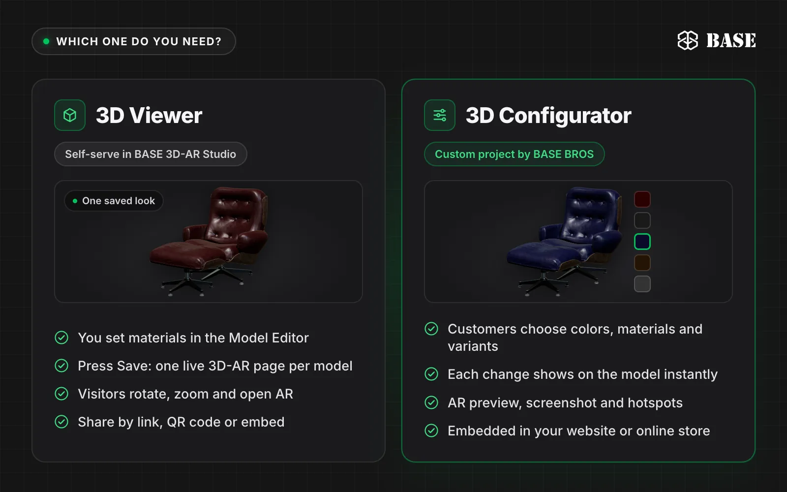 Side-by-side comparison: the 3D Viewer is self-serve in BASE 3D-AR Studio, where you set materials and press Save, while the 3D Configurator is a custom project by BASE BROS, where customers choose colors, materials and variants in real time