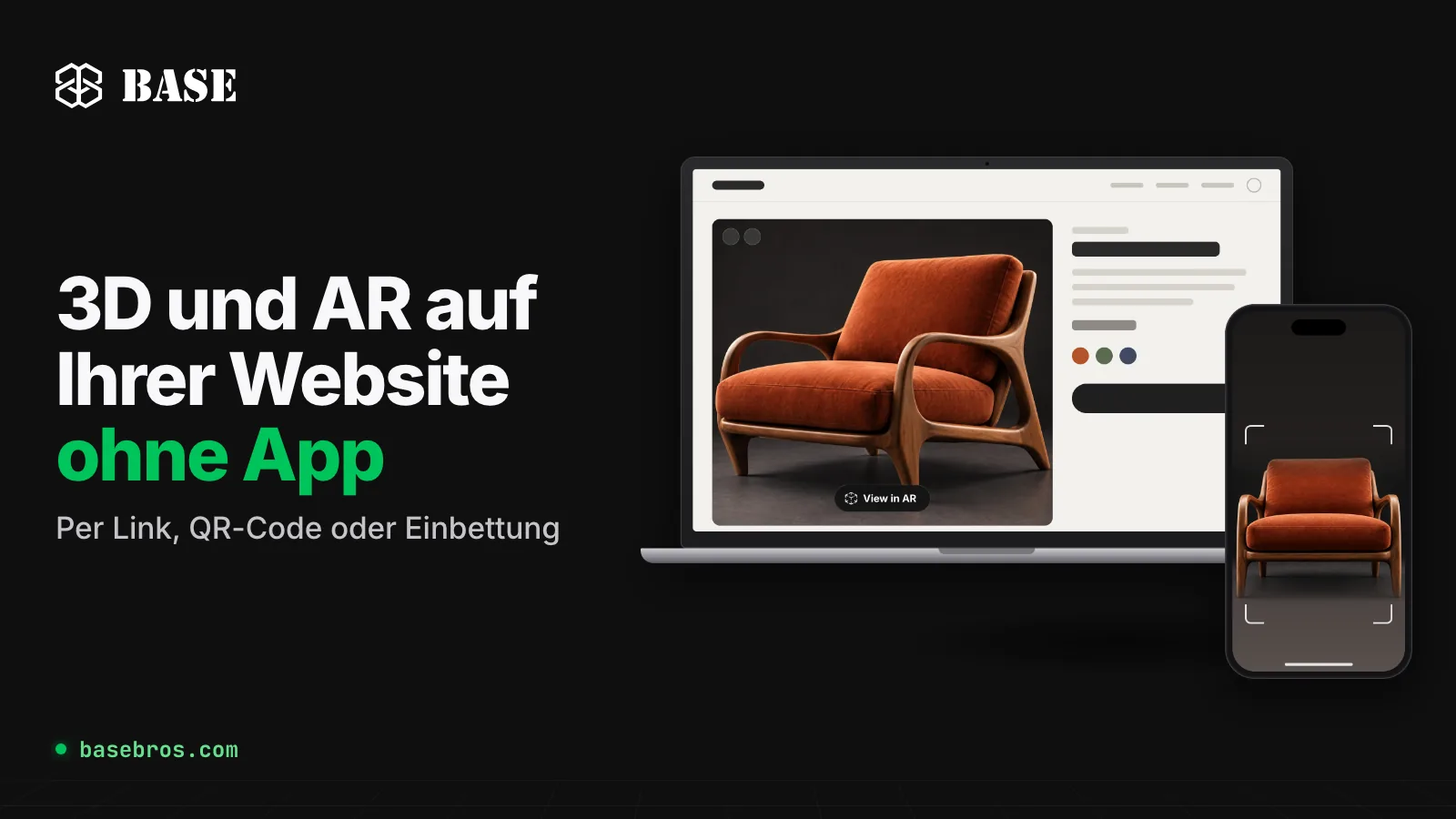 3D-Modell eines Sessels auf einer Website am Laptop und per AR auf einem Smartphone platziert, daneben das BASE-Logo und der Schriftzug „3D und AR auf Ihrer Website ohne App“