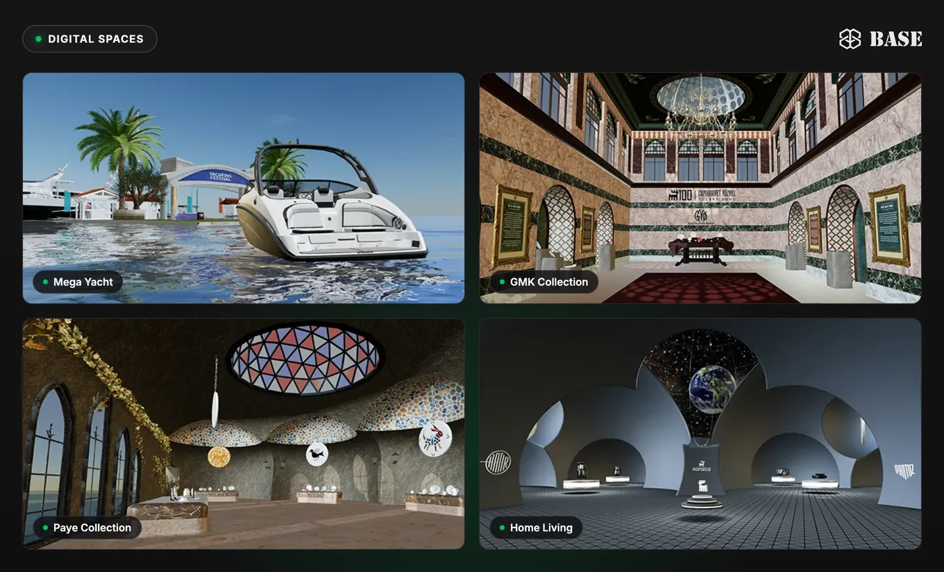 Four BASE Digital Spaces in a grid: the Mega Yacht, GMK Collection, Paye Collection and Home Living virtual showrooms