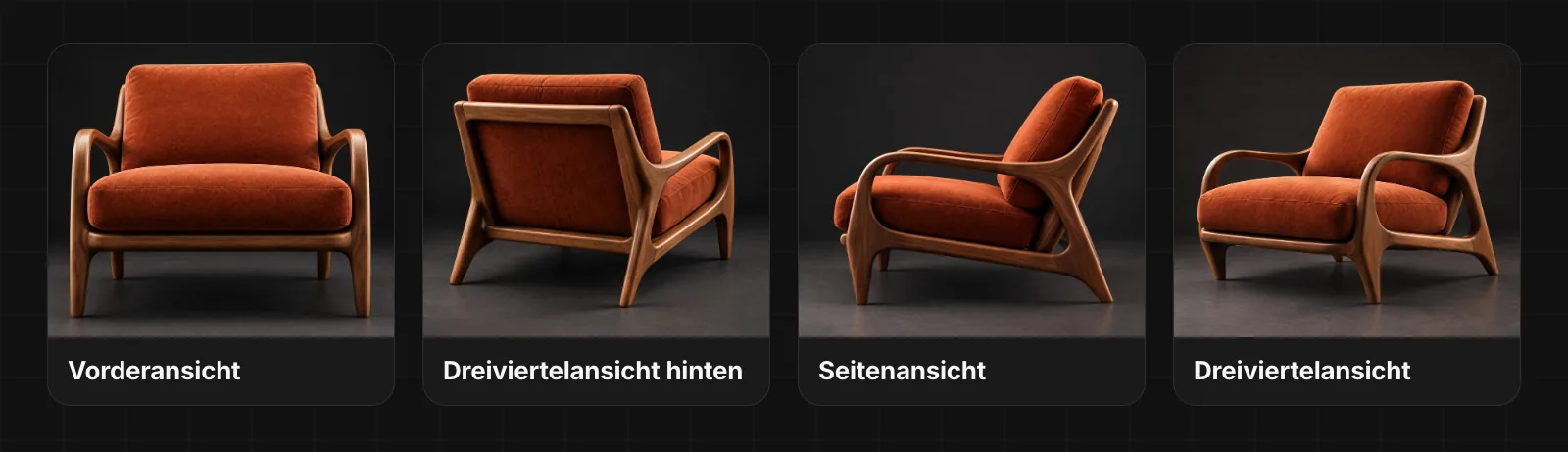 Vier Produktfotos desselben orangefarbenen Samtsessels mit Nussbaumgestell vor einem schlichten dunklen Hintergrund, beschriftet mit Vorderansicht, Dreiviertelansicht hinten, Seitenansicht und Dreiviertelansicht