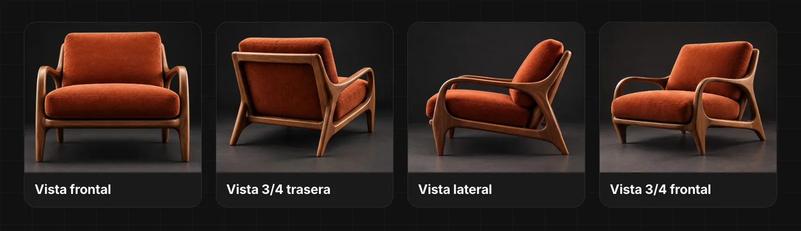 Cuatro fotos de producto del mismo sillón de terciopelo naranja con estructura de nogal sobre un fondo oscuro liso, con las etiquetas Vista frontal, Vista 3/4 trasera, Vista lateral y Vista 3/4 frontal