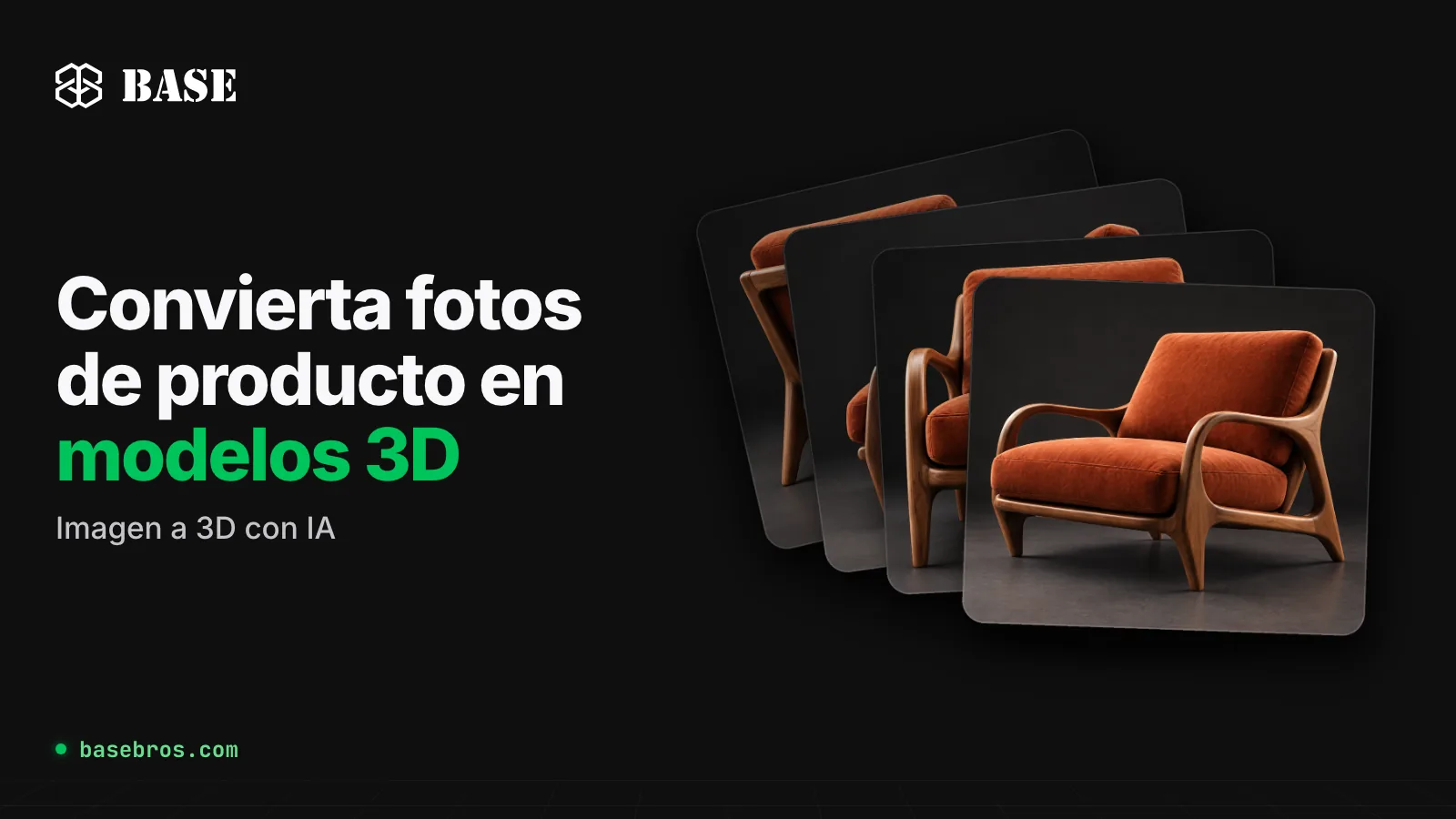 Cuatro fotos de producto de un sillón de terciopelo naranja con estructura de nogal, dispuestas en abanico, junto al logotipo de BASE y los textos «Convierta fotos de producto en modelos 3D» e «Imagen a 3D con IA»