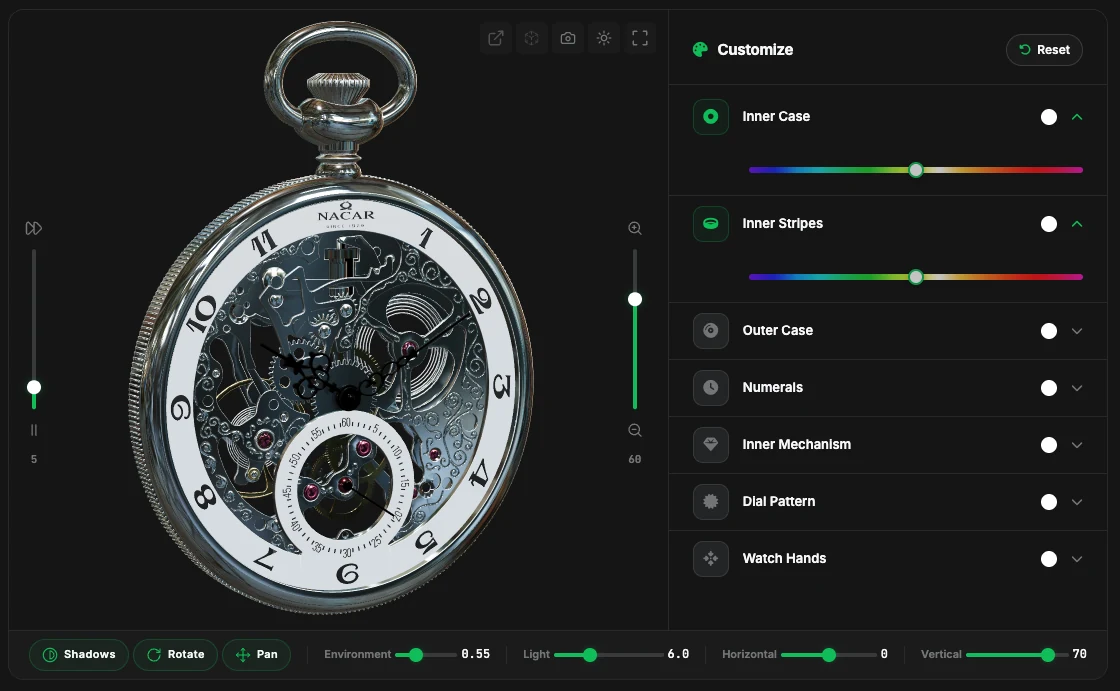 Nacar pocket watch 3D configurator with a skeleton dial, a Customize panel listing Inner Case, Inner Stripes, Outer Case, Numerals, Inner Mechanism, Dial Pattern and Watch Hands, each with a color slider, and viewer controls for Shadows, Rotate, Pan, Environment, Light, Horizontal and Vertical