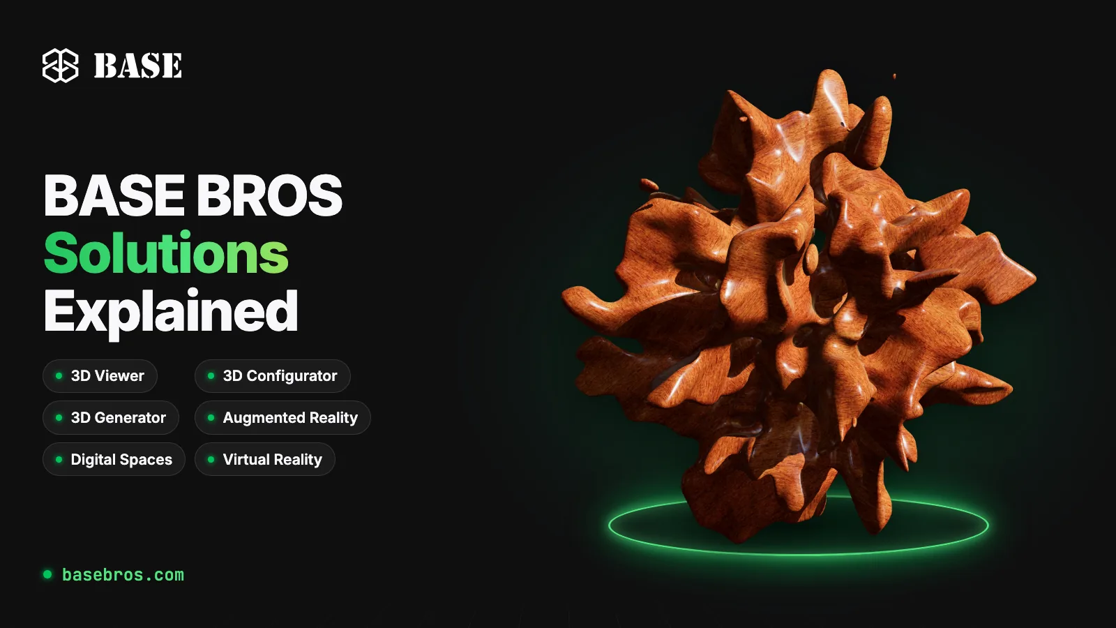 Wooden abstract 3D sculpture rendered above a glowing green ring, next to six labels: 3D Viewer, 3D Configurator, 3D Generator, Augmented Reality, Digital Spaces and Virtual Reality