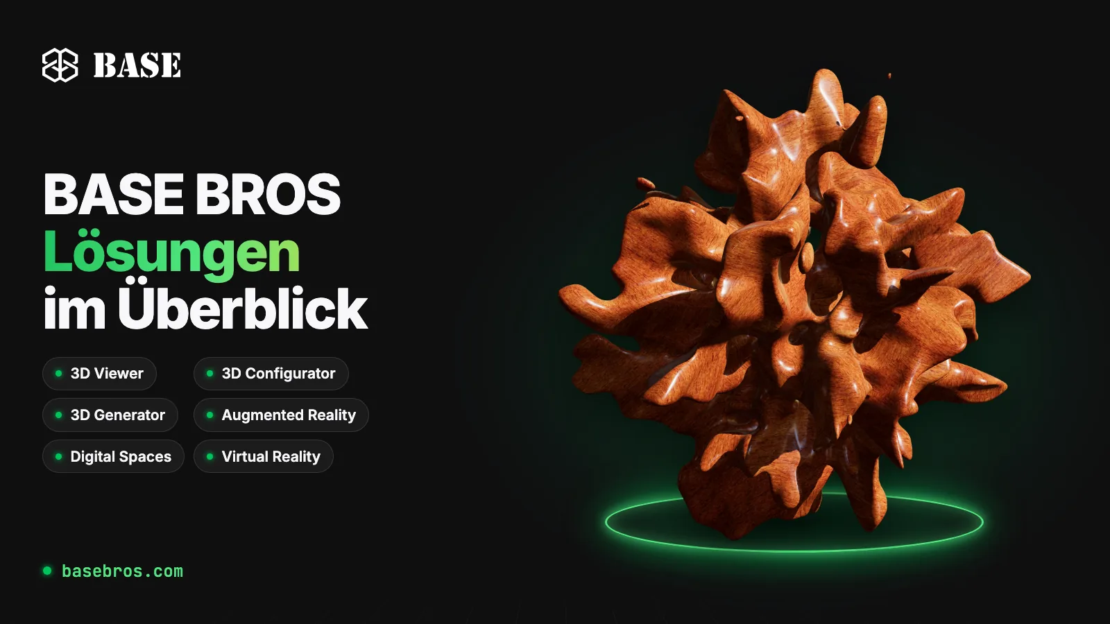 Abstrakte 3D-Holzskulptur über einem grün leuchtenden Ring, daneben sechs Beschriftungen: 3D Viewer, 3D Configurator, 3D Generator, Augmented Reality, Digital Spaces und Virtual Reality