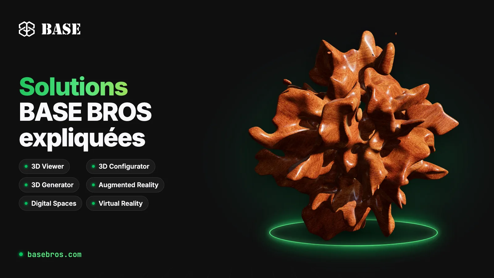 Sculpture 3D abstraite en bois rendue au-dessus d’un anneau vert lumineux, à côté de six étiquettes&nbsp;: 3D Viewer, 3D Configurator, 3D Generator, Augmented Reality, Digital Spaces et Virtual Reality