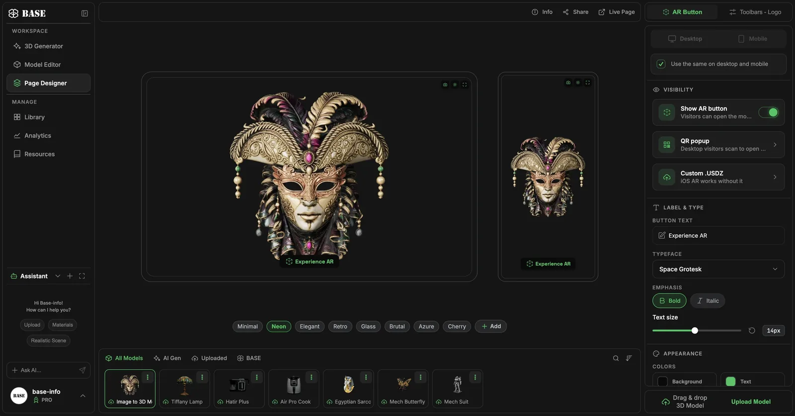 Page Designer im BASE 3D-AR Studio mit einer 3D-Karnevalsmaske in der Laptop- und Smartphone-Vorschau, der Auswahl der Page Themes und den Einstellungen im Tab AR Button