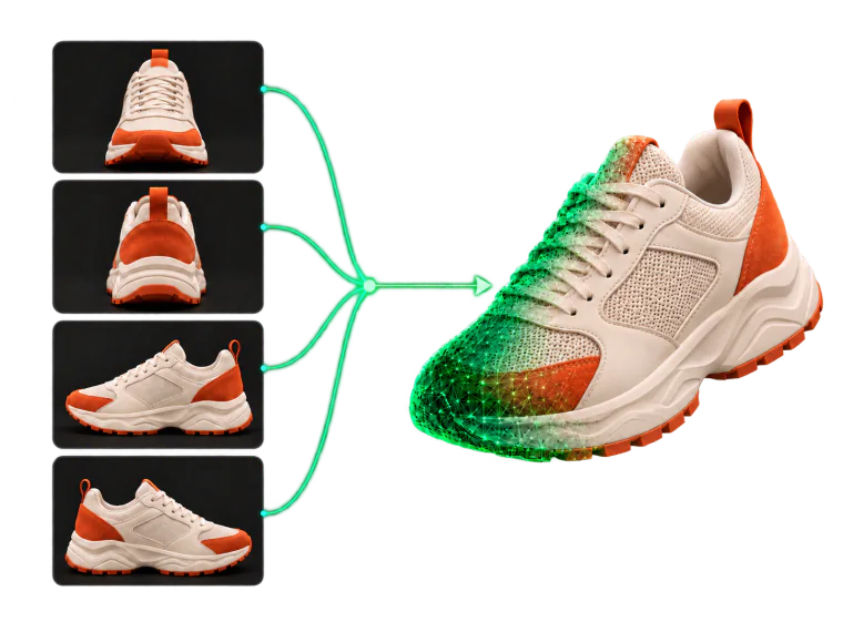 Image to 3D: four photos of a sneaker reconstructed into a textured 3D model