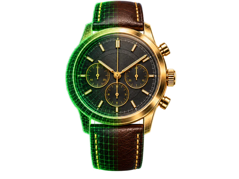 AI-generated 3D model: luxury gold wristwatch with leather strap, detailed dial face